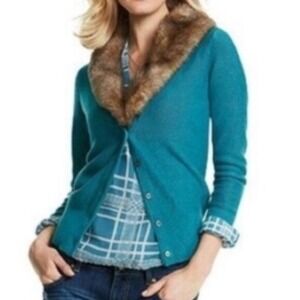 Cabi Teal Tearoom Knit Cardigan‎ Sweater Removable Faux Fur Collar Sz M Preppy